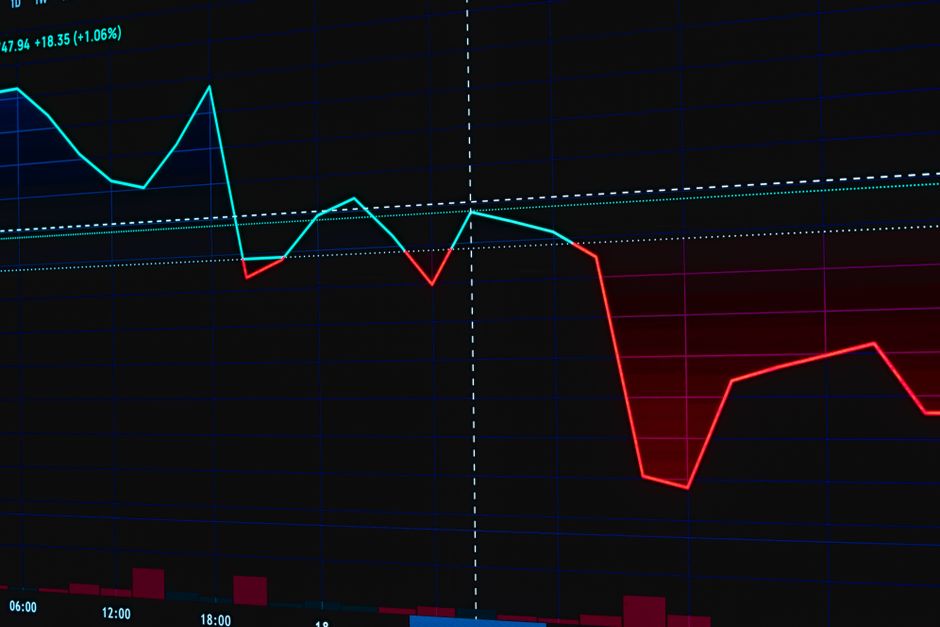 Visual representation of a fluctuating stock market chart with red and green lines.