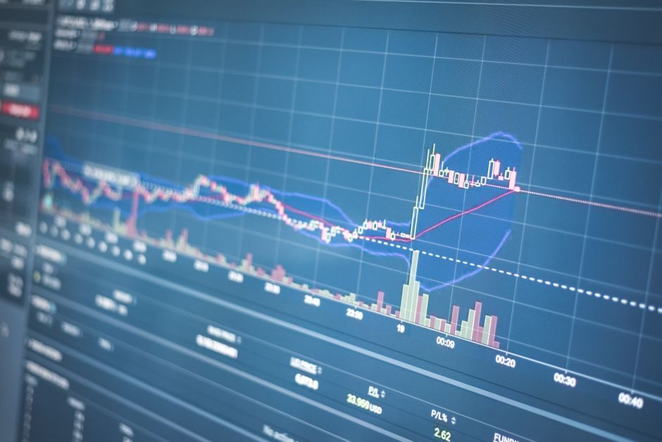 Close-up of a financial graph on a screen showing stock market trading data and trends.